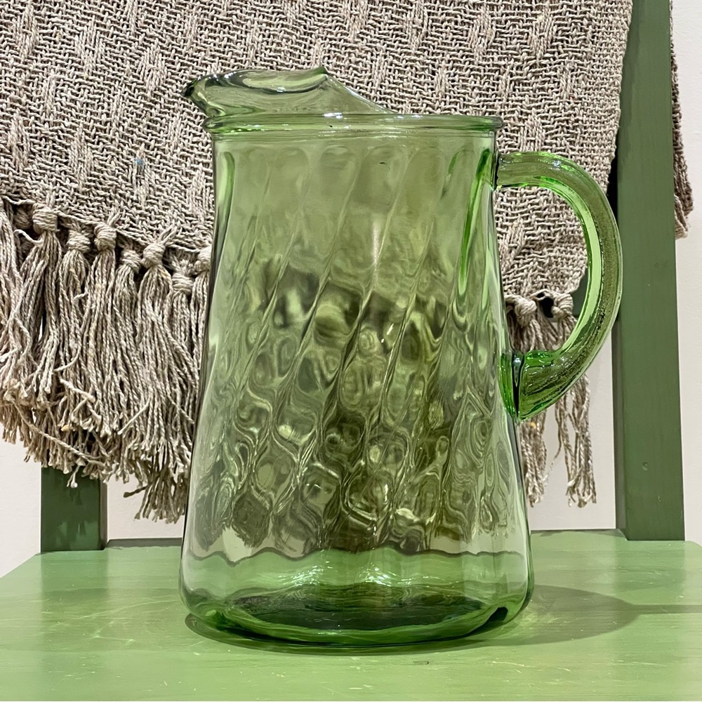 Vintage Green Glass Pitcher with Swirl Design and Ice Lip
